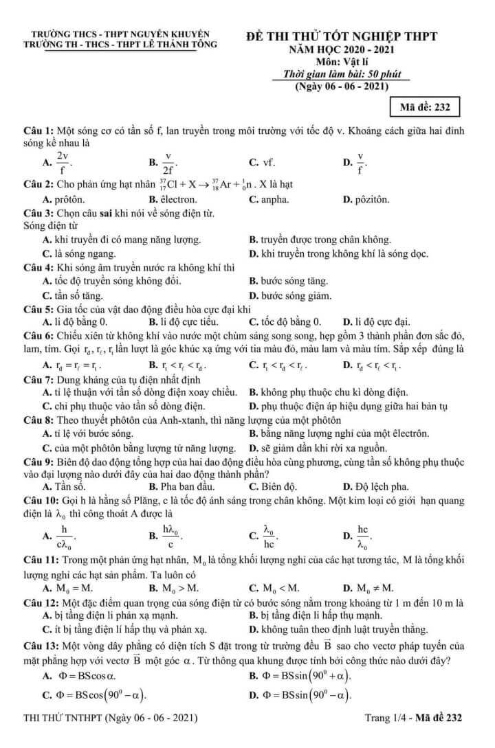 Đề thi thử THPT Quốc Gia 2021 môn Lý có đáp án