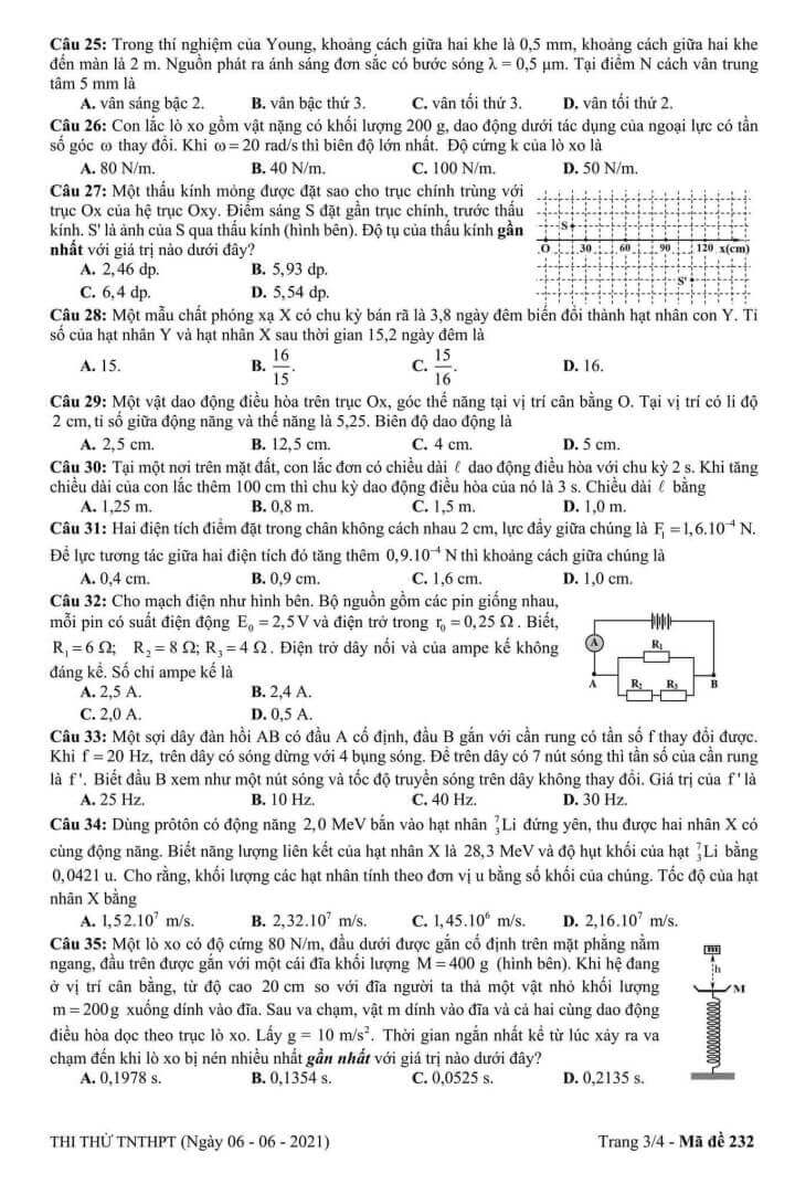 Đề thi thử THPT Quốc Gia 2021 môn Lý có đáp án