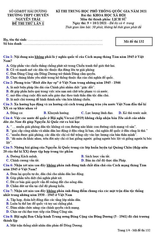 Đề thi thử THPT Quốc Gia 2021 môn Sử trường chuyên Nguyễn Trãi lần 1