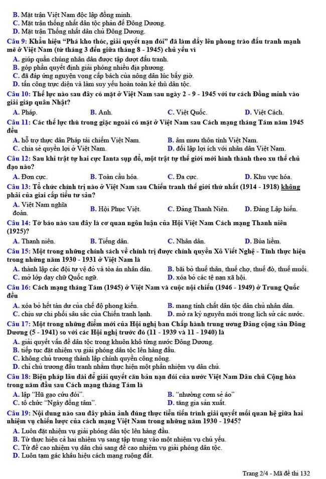 Đề thi thử THPT Quốc Gia 2021 môn Sử trường chuyên Nguyễn Trãi lần 1