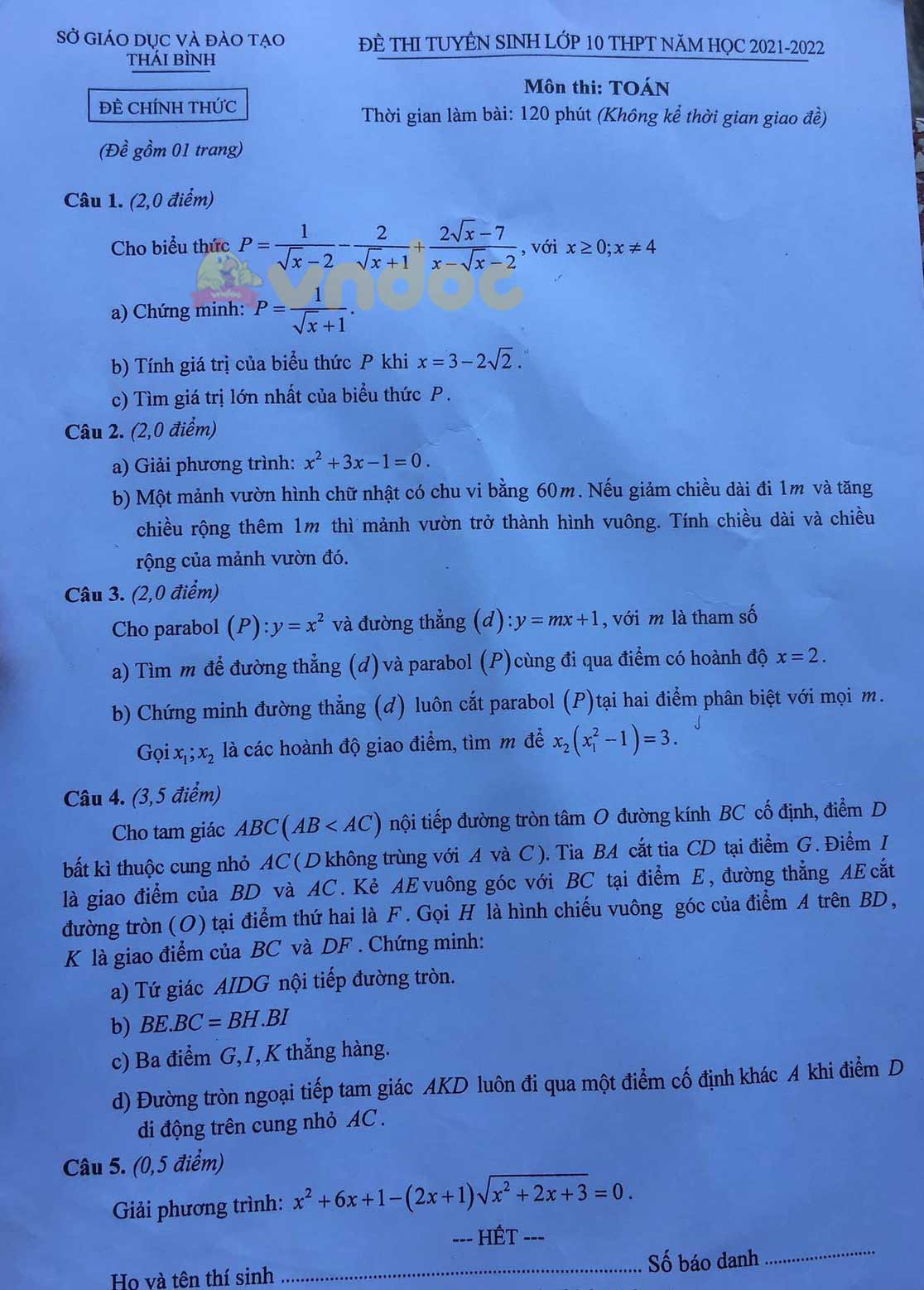 Đề thi tuyển sinh lớp 10 môn Toán Thái Bình 2021
