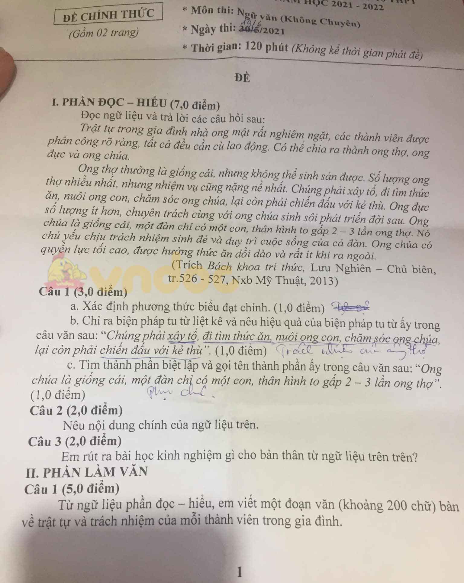 Đề thi tuyển sinh lớp 10 môn Văn Bạc Liêu 2021