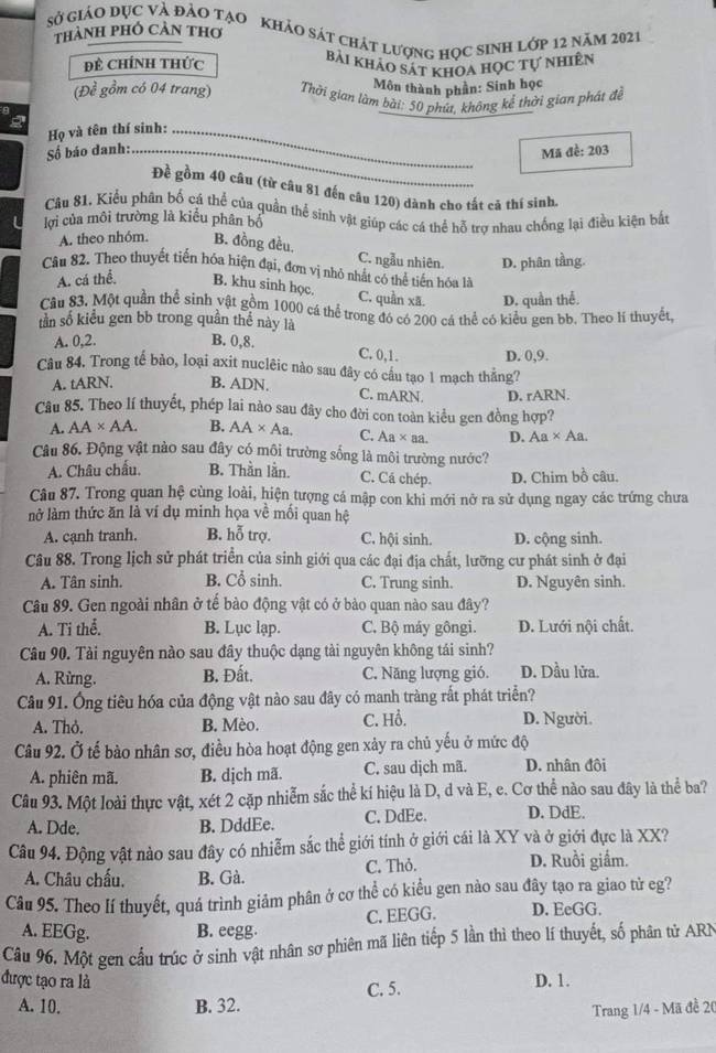 Đề thi thử THPT Quốc gia 2021 môn Sinh