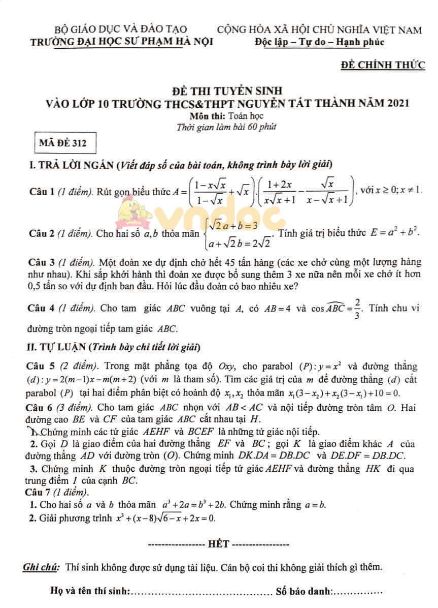 Đề thi tuyển sinh lớp 10 môn Toán Trường THCS & THPT Nguyễn Tất Thành năm 2021
