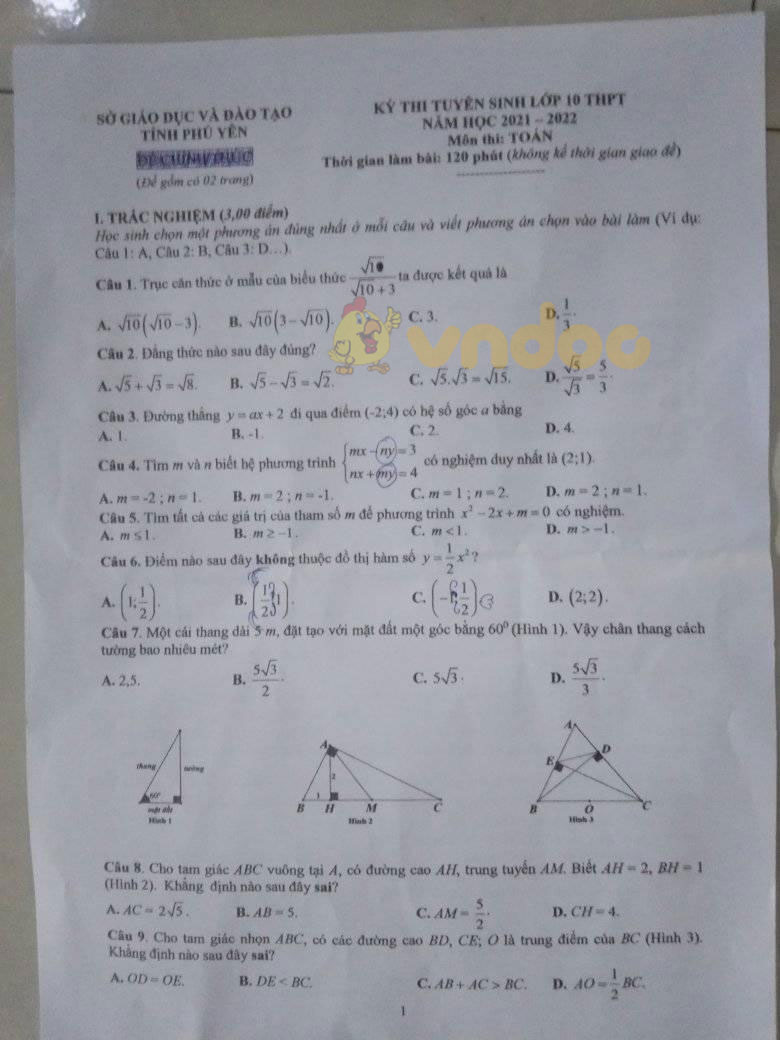 Đề thi tuyển sinh lớp 10 môn Toán Phú Yên 2021