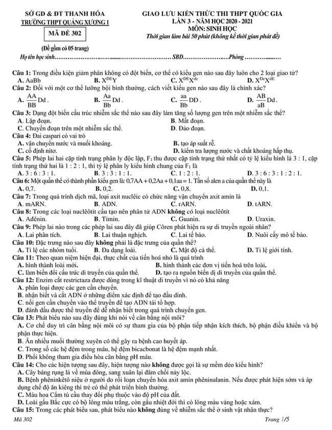 Đề thi thử tốt nghiệp THPT môn Sinh 2021