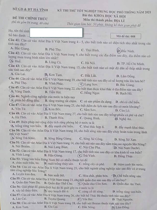 Đề thi thử Địa THPT Quốc gia 2021