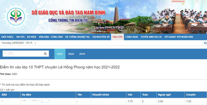 Tra cứu điểm thi vào lớp 10 năm 2021 Chuyên Lê Hồng Phong