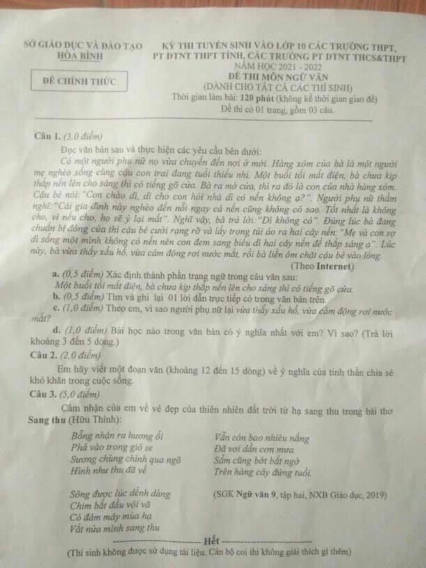 Đề thi vào lớp 10 môn Văn tỉnh Hòa Bình năm 2021