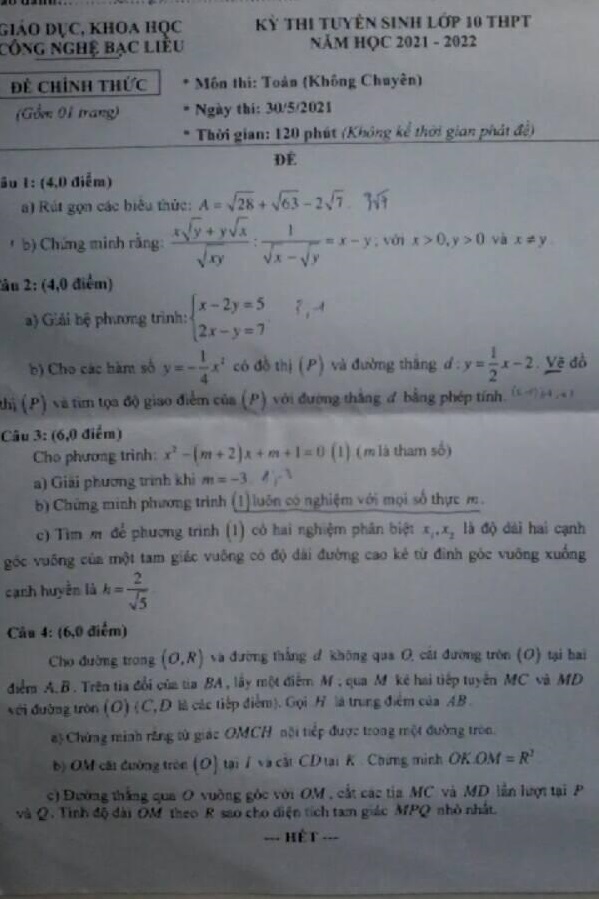 Đề thi tuyển sinh lớp 10 môn Toán Sở GDKHCN Bạc Liêu năm 2021 (Không chuyên)