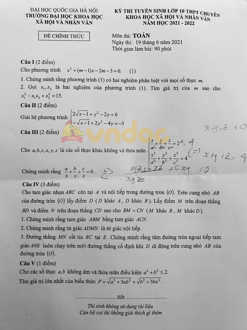 Đề thi tuyển sinh lớp 10 môn Toán Trường THPT chuyên KHXH&NV năm 2021