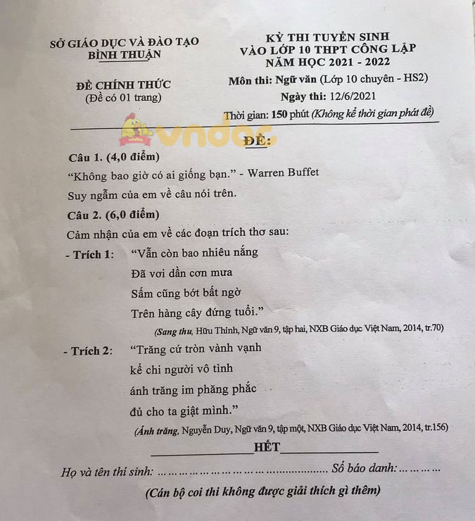 Đề thi tuyển sinh lớp 10 môn Văn Chuyên Bình Thuận năm 2021