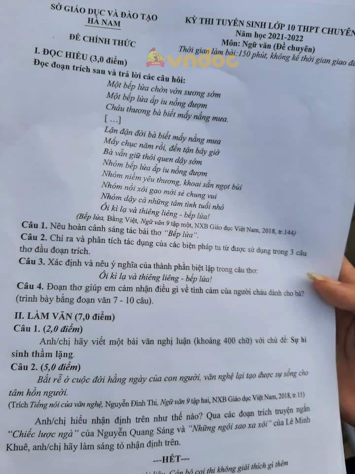 Đề thi tuyển sinh lớp 10 môn Văn Hà Nam năm 2021 (đề chuyên)