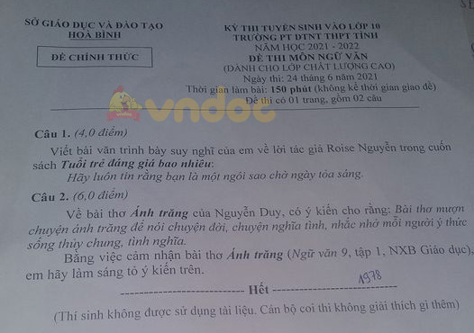 Đề thi tuyển sinh lớp 10 môn Văn Trường THPT DTNT Hòa Bình năm 2021
