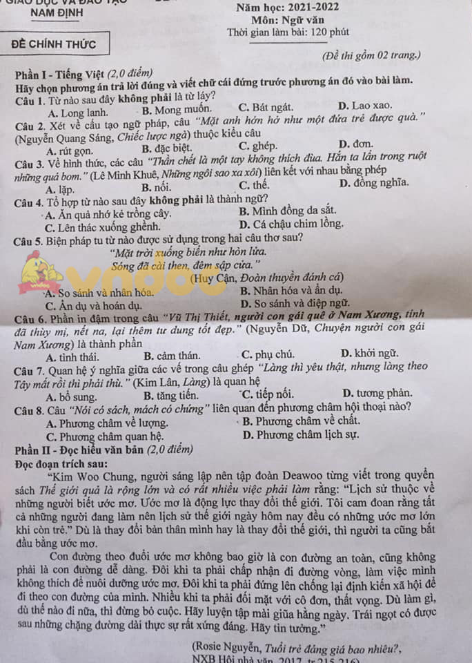 Đề thi tuyển sinh lớp 10 môn Văn Nam Định 2021