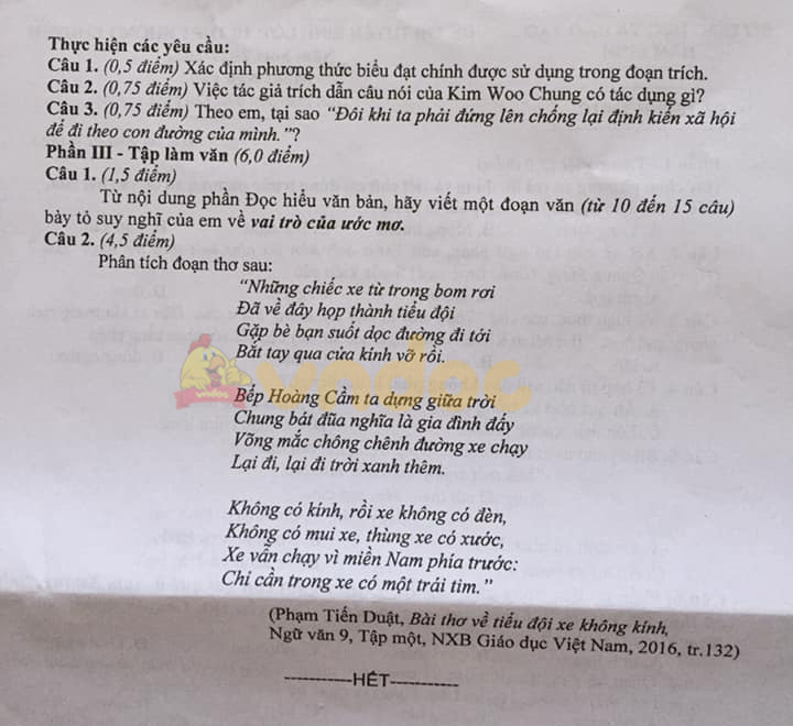 Đề thi tuyển sinh lớp 10 môn Văn Nam Định 2021