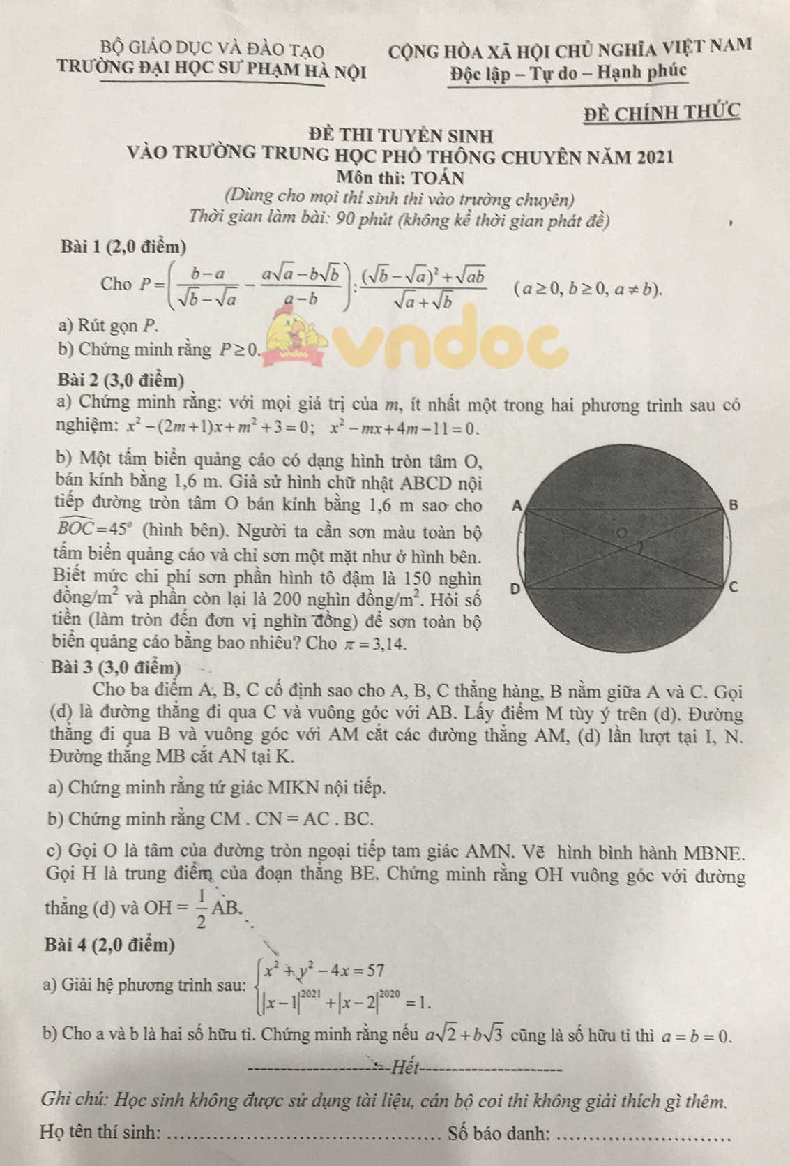 Đề thi tuyển sinh lớp 10 môn Toán Chuyên Sư Phạm Hà Nội năm 2021