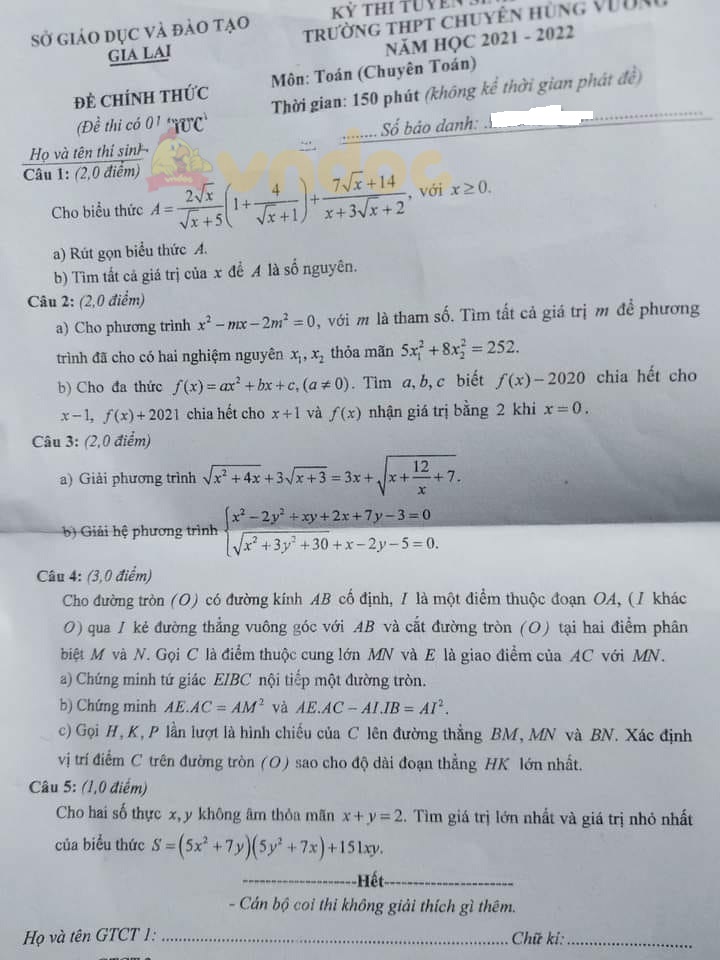 Đề thi tuyển sinh lớp 10 môn Toán THPT Chuyên Hùng Vương - Gia Lai 2021