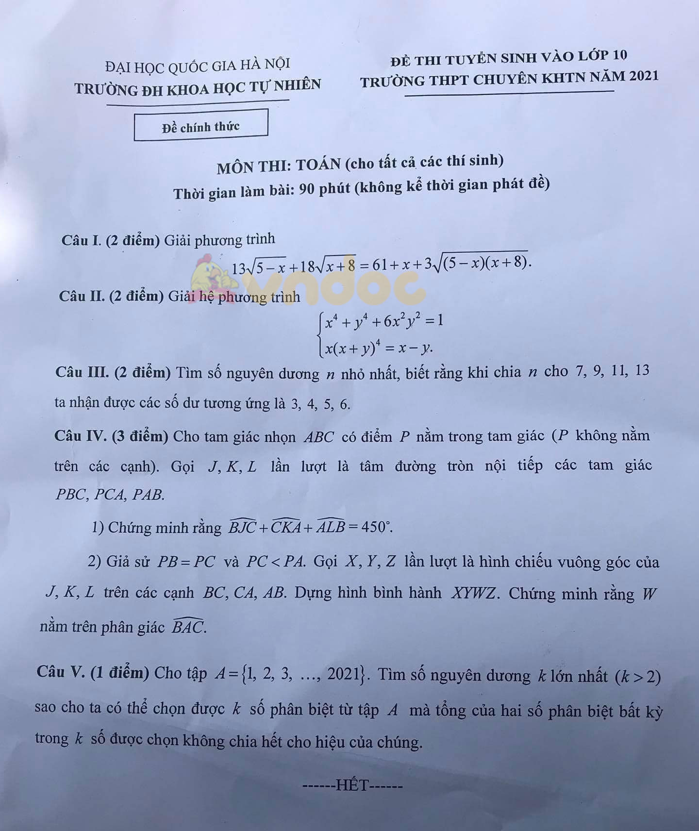 Đề thi tuyển sinh lớp 10 môn Toán THPT Chuyên KHTN Hà Nội năm 2021