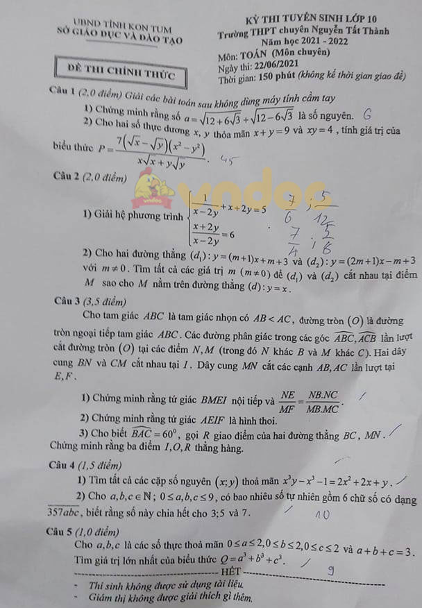 Đề thi tuyển sinh lớp 10 môn Toán THPT Chuyên Nguyễn Tất Thành, Kon Tum năm 2021 (môn chuyên)