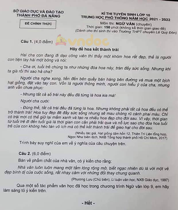 Đề thi tuyển sinh lớp 10 môn Văn Chuyên Đà Nẵng năm 2021