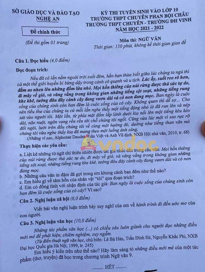 Đề thi tuyển sinh lớp 10 môn Văn trường trường THPT Chuyên Phan Bội Châu