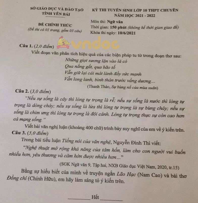 Đề thi tuyển sinh lớp 10 môn Văn Chuyên Yên Bái năm 2021