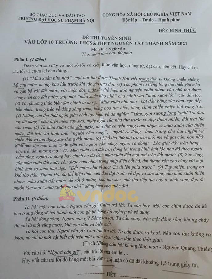 Đề thi tuyển sinh lớp 10 môn Văn THCS-THPT Nguyễn Tất Thành năm 2021