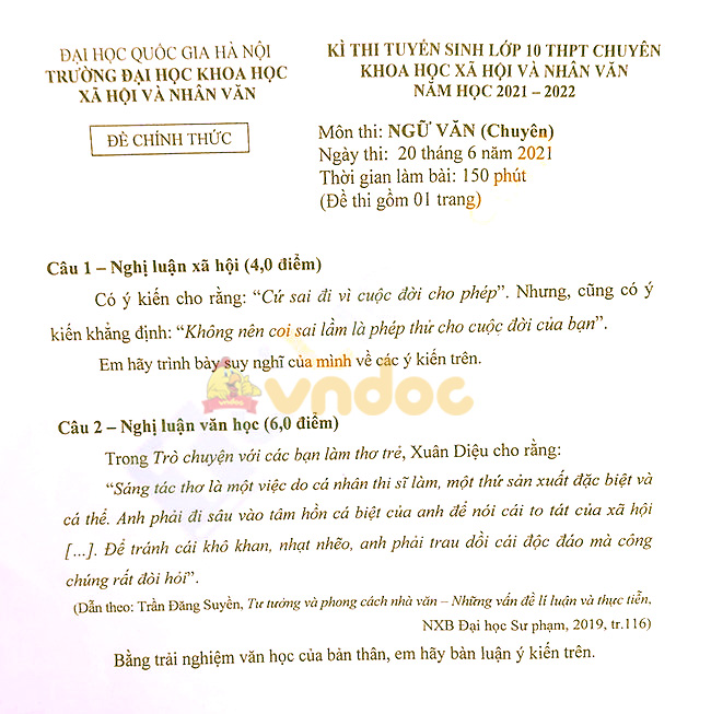 Đề thi tuyển sinh lớp 10 môn Văn Chuyên KHXH&NV Hà Nội 2021