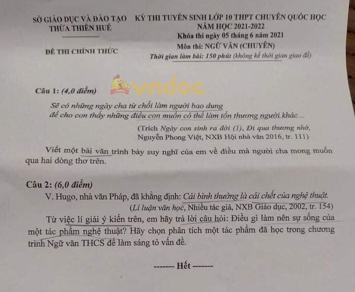 Đề thi tuyển sinh lớp 10 môn Văn Chuyên Quốc Học Huế năm 2021