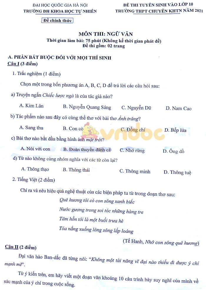 Đề thi tuyển sinh lớp 10 môn Văn năm 2021 Chuyên KHTN Hà Nội