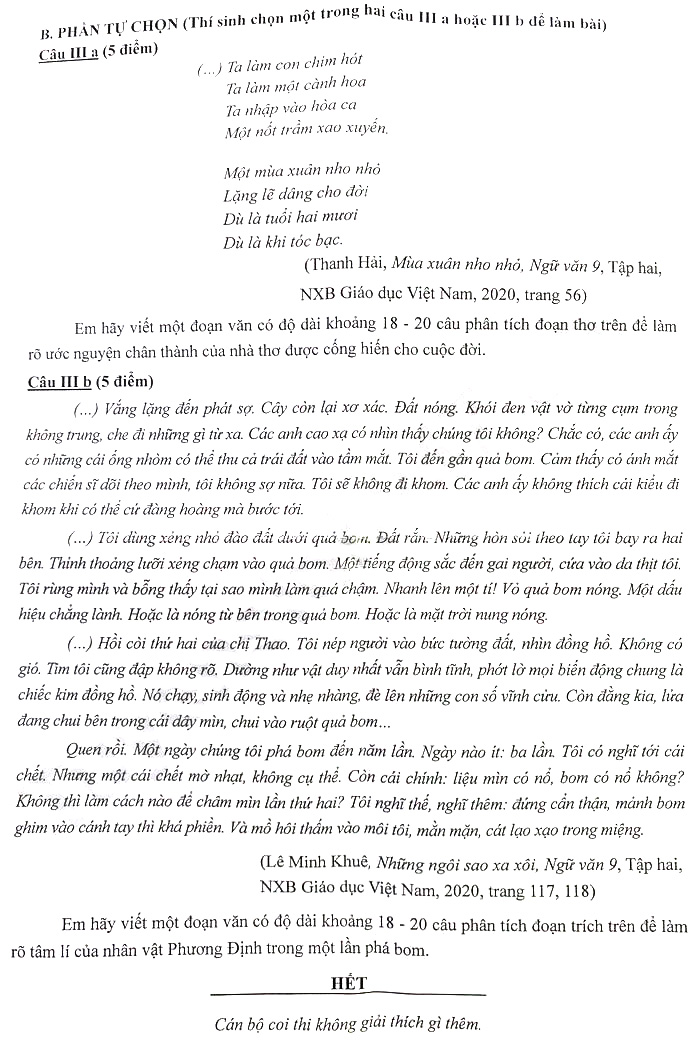 Đề thi tuyển sinh lớp 10 môn Văn năm 2021 Chuyên KHTN Hà Nội