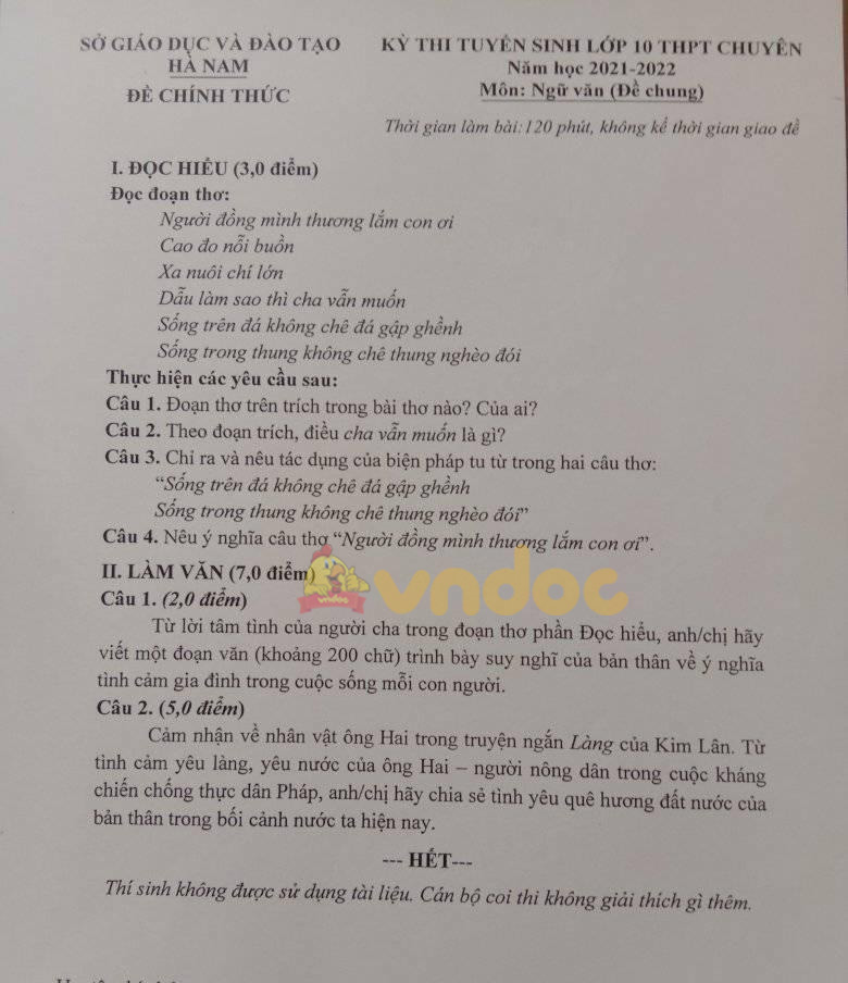 Đề thi tuyển sinh lớp 10 môn Văn chuyên Hà Nam 2021