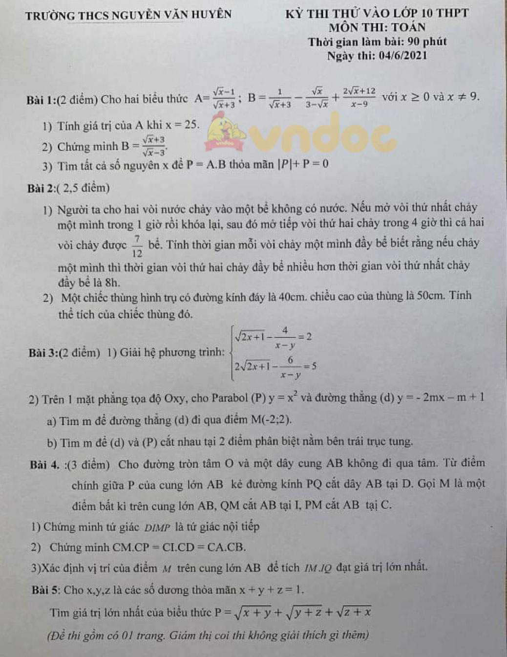 Đề thi thử vào lớp 10 môn Toán Trường THCS Nguyễn Văn Huyên năm 2021 - 2022