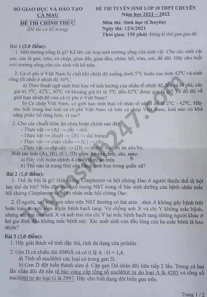 Đề thi tuyển sinh lớp 10 môn Sinh Chuyên Cà Mau năm 2021