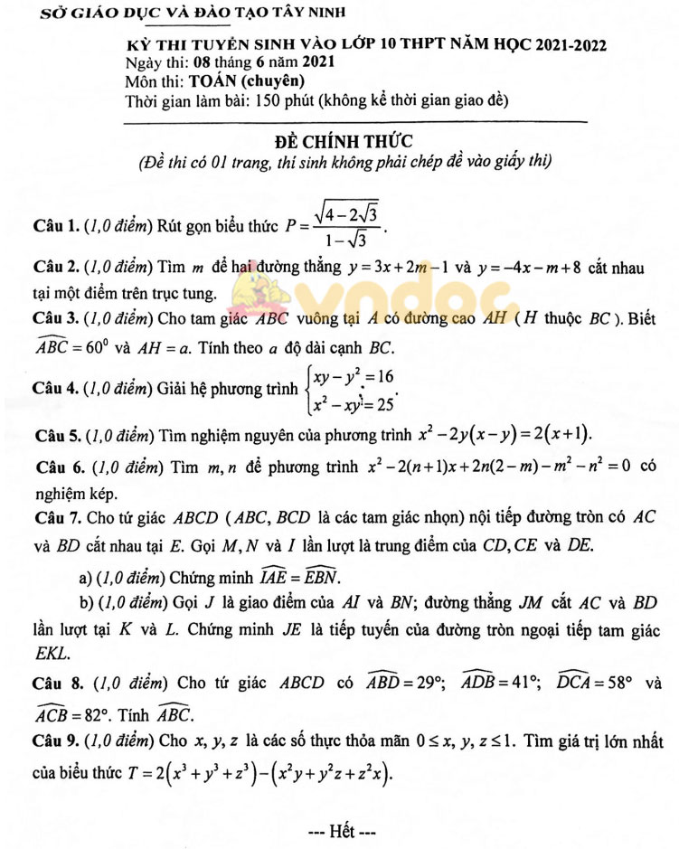 Đề thi tuyển sinh lớp 10 môn Toán Chuyên Tây Ninh năm 2021