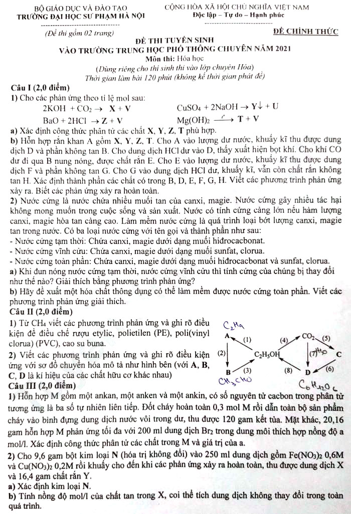Đề thi tuyển sinh lớp 10 môn Hóa chuyên Sư Phạm Hà Nội năm 2021