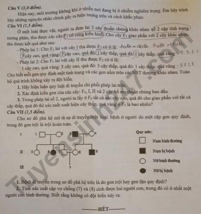Đề thi tuyển sinh lớp 10 môn Sinh Chuyên Hưng Yên năm 2021