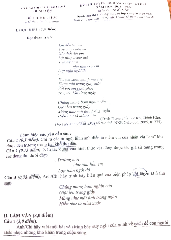 Đề thi tuyển sinh lớp 10 môn Văn Chuyên Hưng Yên năm 2021