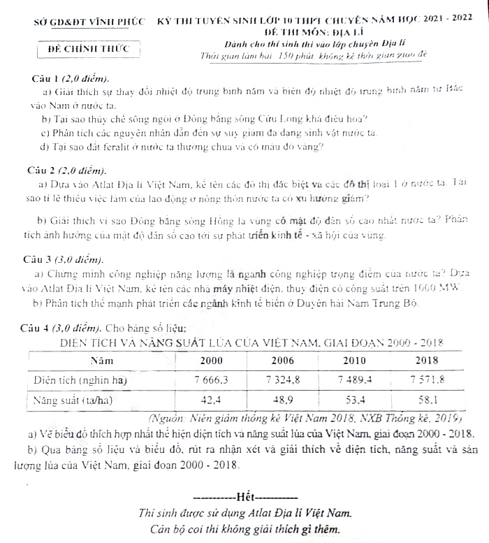 Đề thi tuyển sinh lớp 10 môn Địa chuyên tỉnh Vĩnh Phúc năm 2021