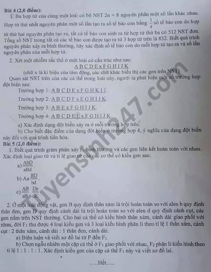 Đề thi tuyển sinh lớp 10 môn Sinh Chuyên Cà Mau năm 2021