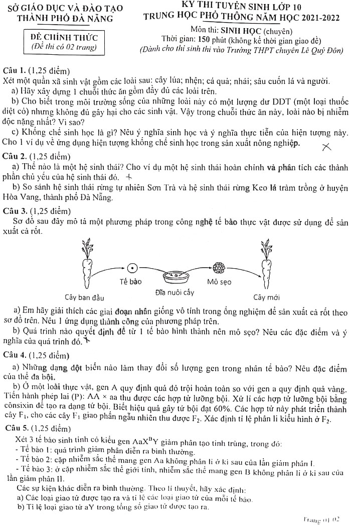 Đề thi tuyển sinh lớp 10 môn Sinh Chuyên Đà Nẵng năm 2021