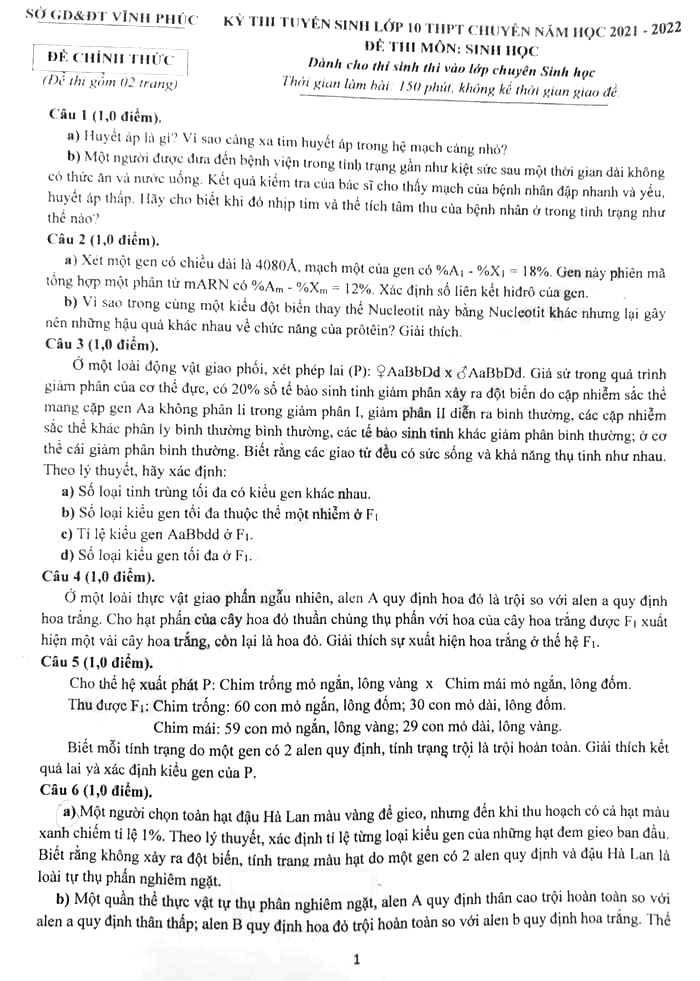 Đề thi tuyển sinh lớp 10 môn Sinh THPT Chuyên Vĩnh Phúc năm 2021