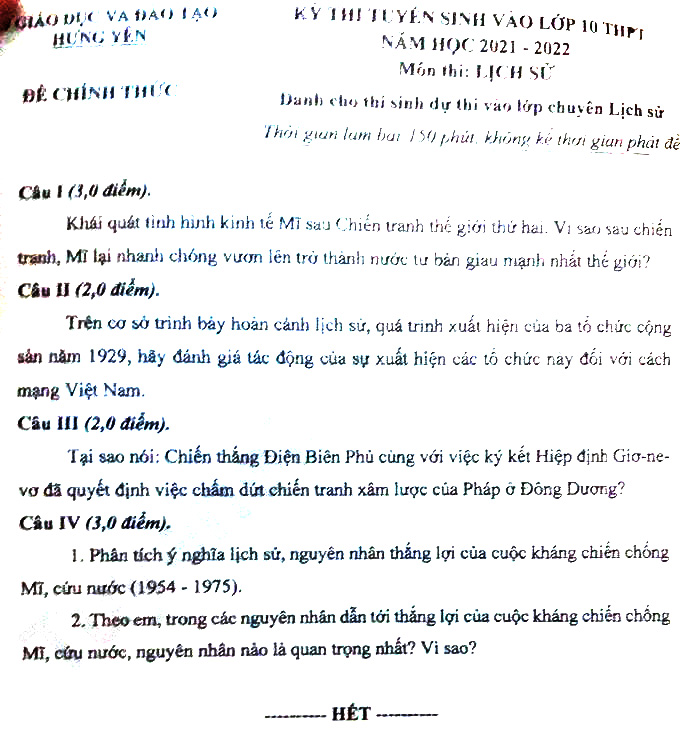 Đề thi tuyển sinh lớp 10 môn Sử Chuyên Hưng Yên năm 2021