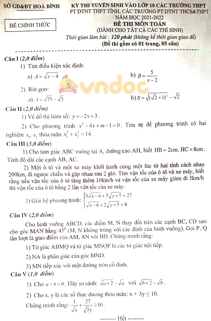 Đề thi tuyển sinh lớp 10 môn Toán các Trường PT DTNT Hòa Bình năm 2021