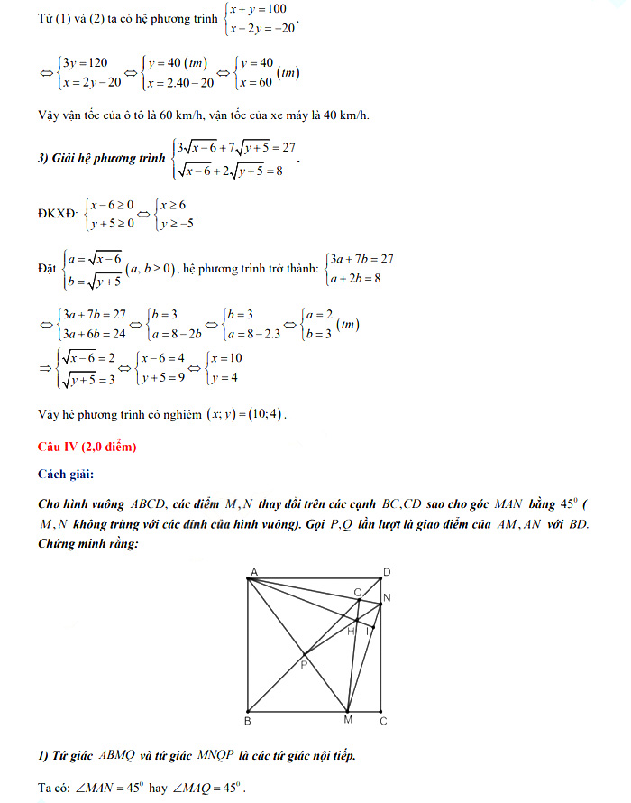 Đáp án đề thi tuyển sinh lớp 10 môn Toán các Trường PT DTNT Hòa Bình năm 2021