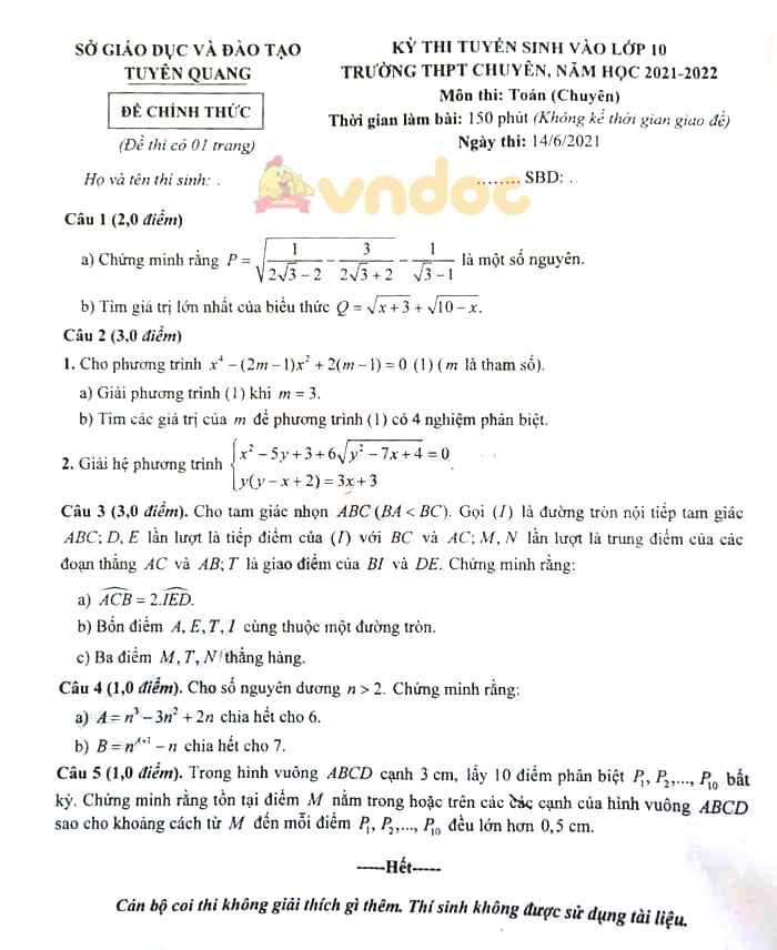 Đề thi tuyển sinh lớp 10 môn Toán Chuyên Tuyên Quang năm 2021