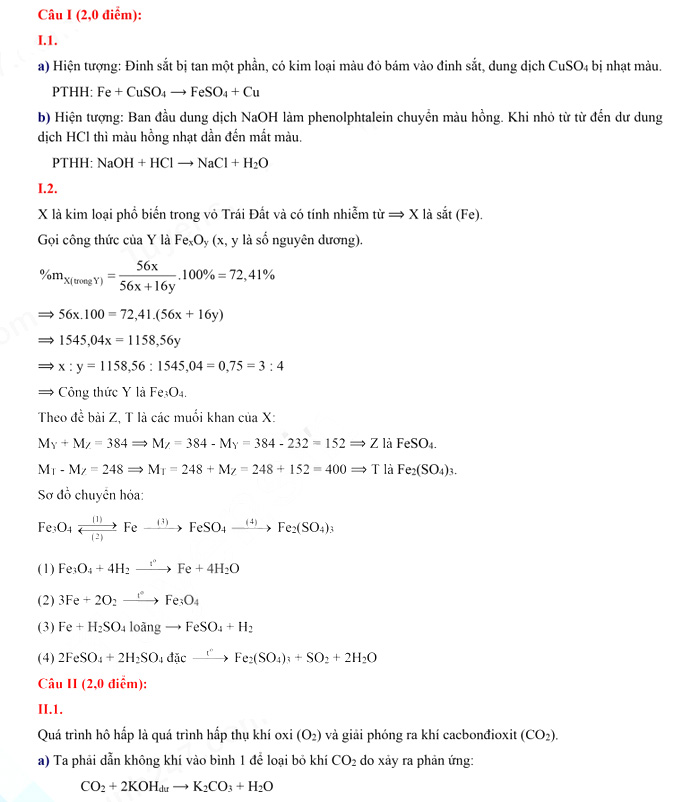 Đáp án đề thi vào lớp 10 Hà Nội môn Hóa chuyên năm 2021