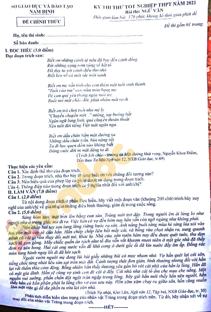 Đề thi thử THPT Quốc gia 2021 môn Văn