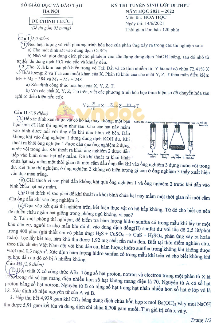 Đề thi vào lớp 10 Hà Nội - môn Hóa chuyên năm 2021